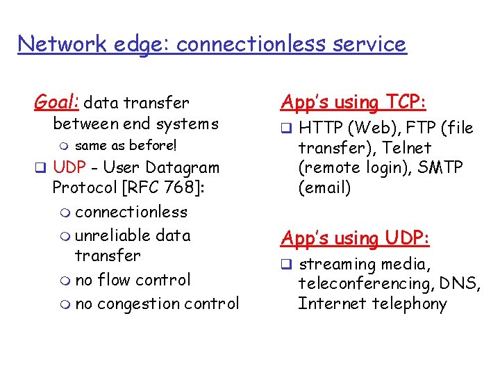 Network edge: connectionless service Goal: data transfer between end systems m same as before!