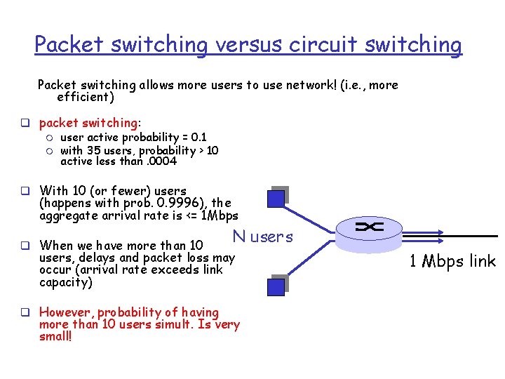 Packet switching versus circuit switching Packet switching allows more users to use network! (i.