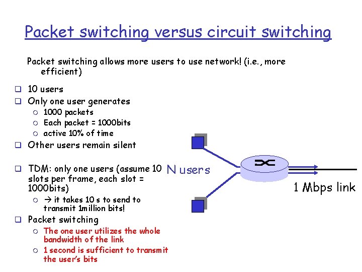 Packet switching versus circuit switching Packet switching allows more users to use network! (i.