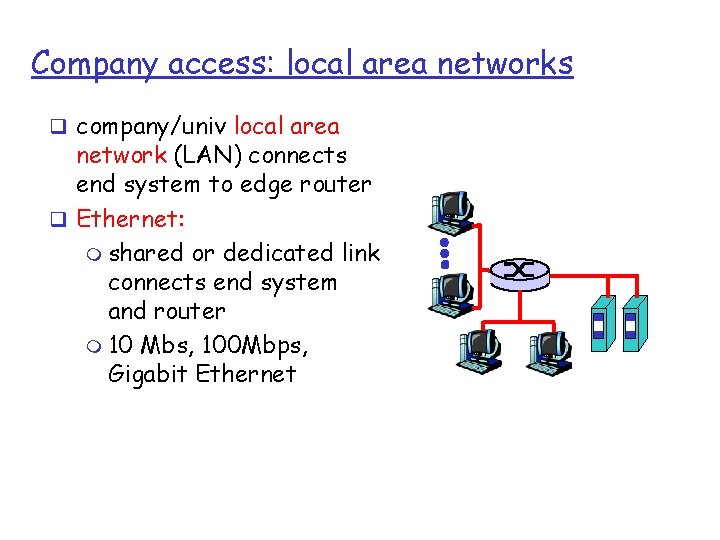 Company access: local area networks q company/univ local area network (LAN) connects end system