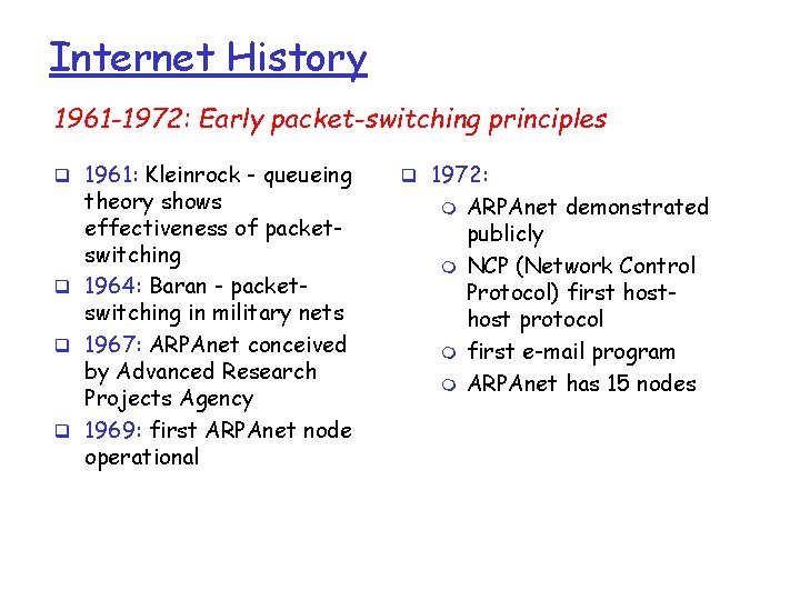 Internet History 1961 -1972: Early packet-switching principles q 1961: Kleinrock - queueing theory shows