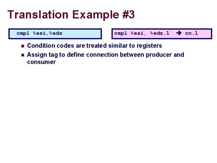 Translation Example #3 cmpl %esi, %edx. 1 cc. 1 n Condition codes are treated