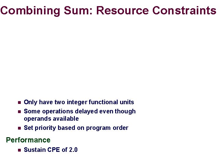 Combining Sum: Resource Constraints n n n Only have two integer functional units Some