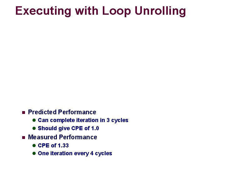 Executing with Loop Unrolling n Predicted Performance l Can complete iteration in 3 cycles