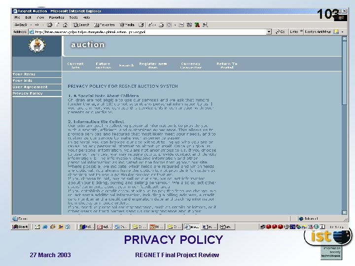 103 PRIVACY POLICY 27 March 2003 REGNET Final Project Review 