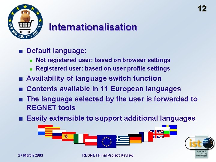 12 Internationalisation Default language: Not registered user: based on browser settings Registered user: based