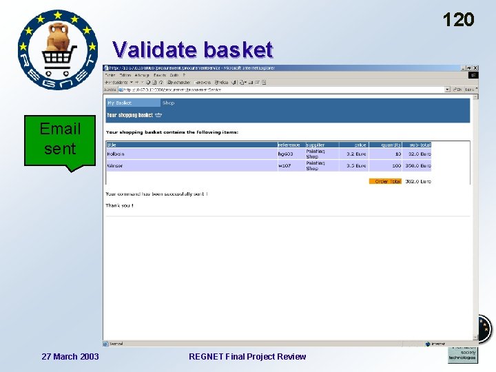 120 Validate basket Email sent 27 March 2003 REGNET Final Project Review 