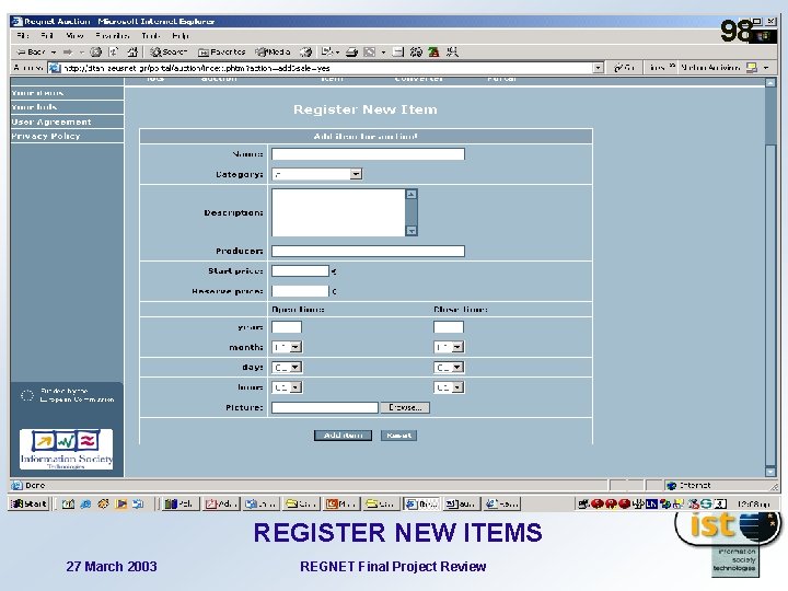 98 REGISTER NEW ITEMS 27 March 2003 REGNET Final Project Review 