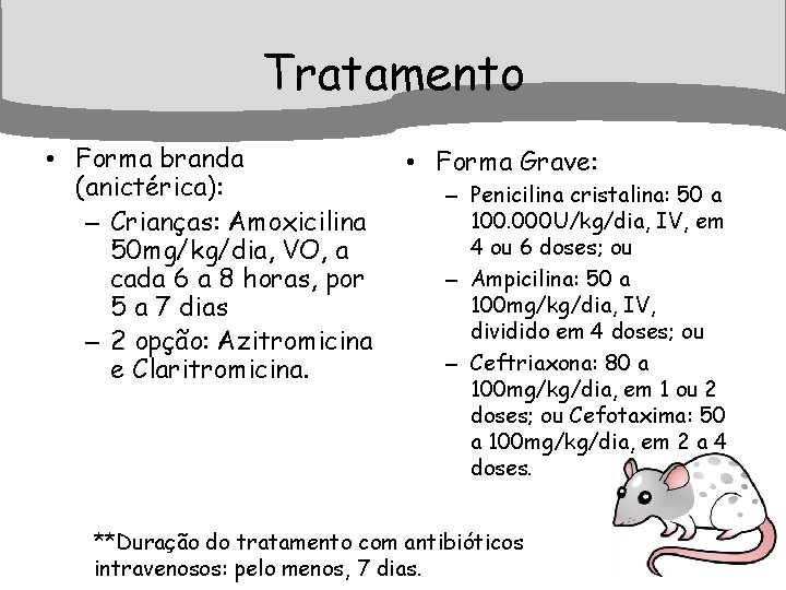 Tratamento • Forma branda (anictérica): (anictérica – Crianças: Amoxicilina 50 mg/kg/dia, VO, a cada