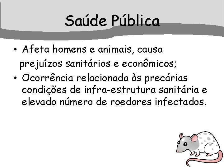 Saúde Pública • Afeta homens e animais, causa prejuízos sanitários e econômicos; • Ocorrência