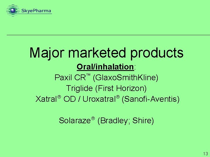 Major marketed products Oral/inhalation: Paxil CR (Glaxo. Smith. Kline) Triglide (First Horizon) Xatral OD