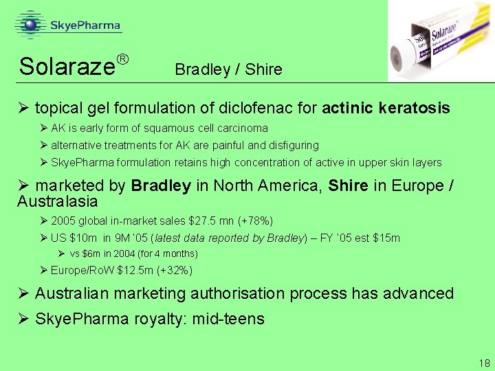  Solaraze Bradley / Shire Ø topical gel formulation of diclofenac for actinic keratosis