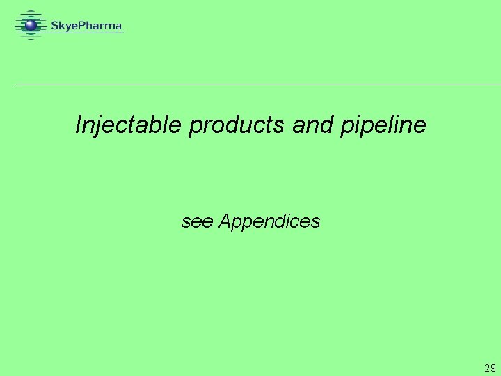 Injectable products and pipeline see Appendices 29 