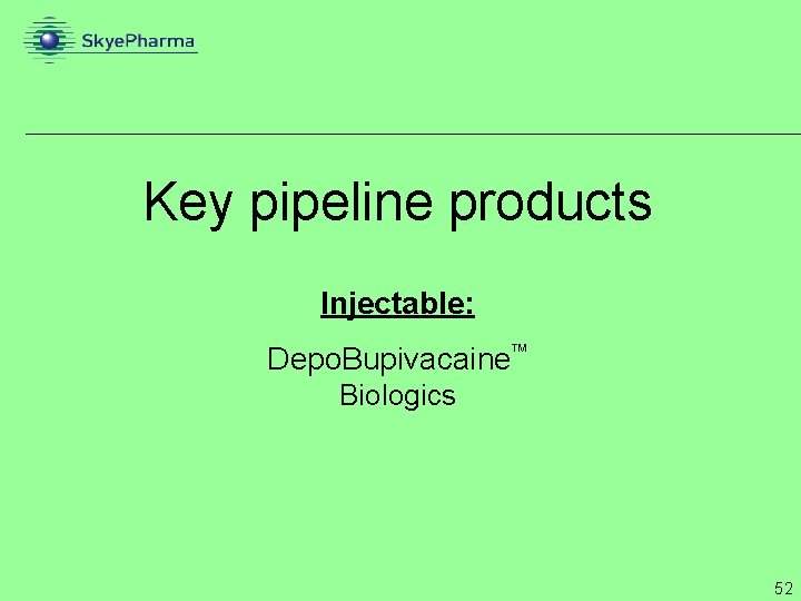 Key pipeline products Injectable: Depo. Bupivacaine Biologics 52 