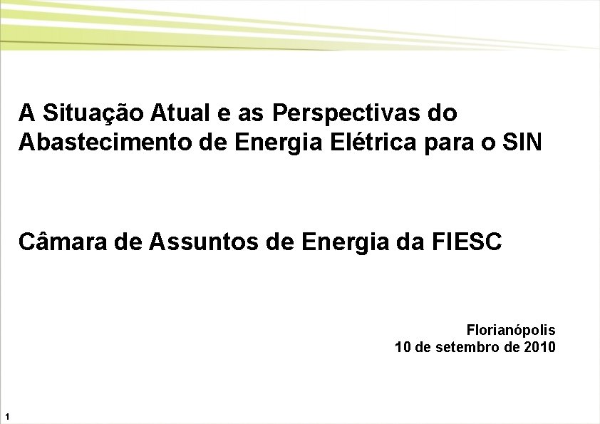 A Situação Atual e as Perspectivas do Abastecimento de Energia Elétrica para o SIN