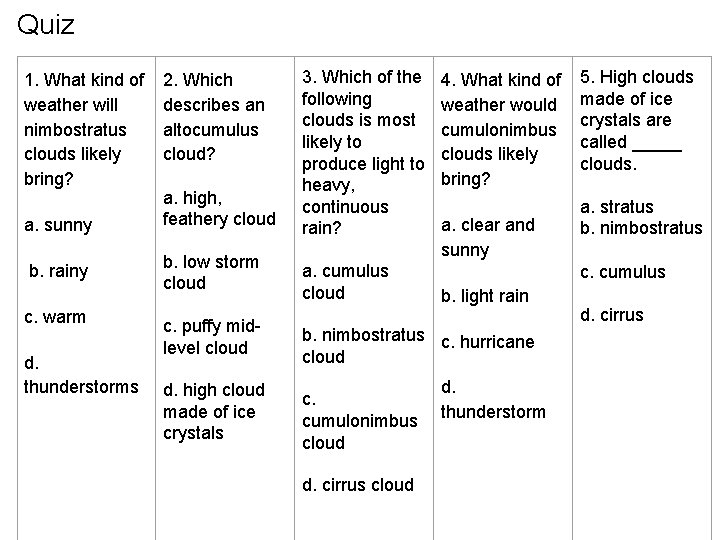 Quiz 1. What kind of weather will nimbostratus clouds likely bring? a. sunny b.
