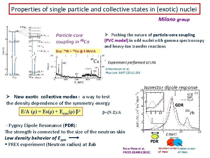 Properties of single particle and collective states in (exotic) nuclei Milano group Particle-core coupling