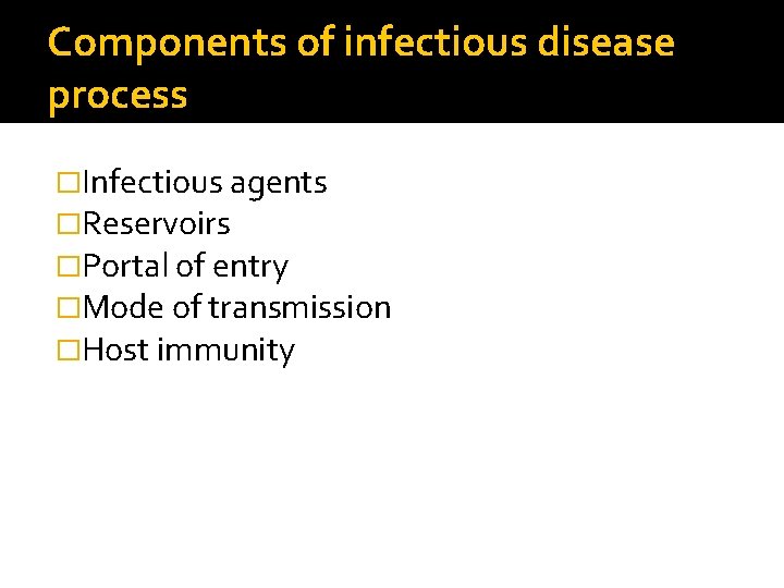Components of infectious disease process �Infectious agents �Reservoirs �Portal of entry �Mode of transmission Components of infectious disease process �Infectious agents �Reservoirs �Portal of entry �Mode of transmission