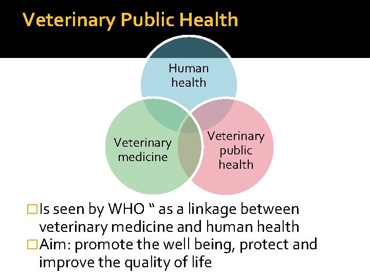 Veterinary Public Health Human health Veterinary medicine Veterinary public health �Is seen by WHO