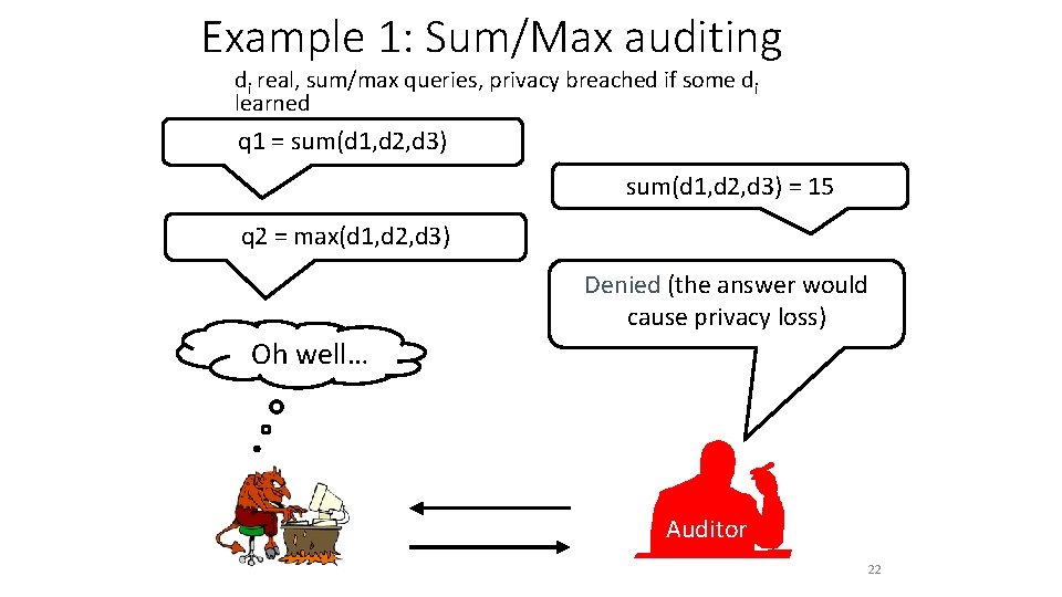Example 1: Sum/Max auditing di real, sum/max queries, privacy breached if some di learned