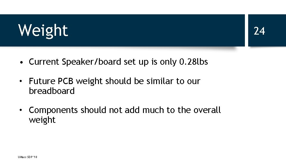 Weight • Current Speaker/board set up is only 0. 28 lbs • Future PCB