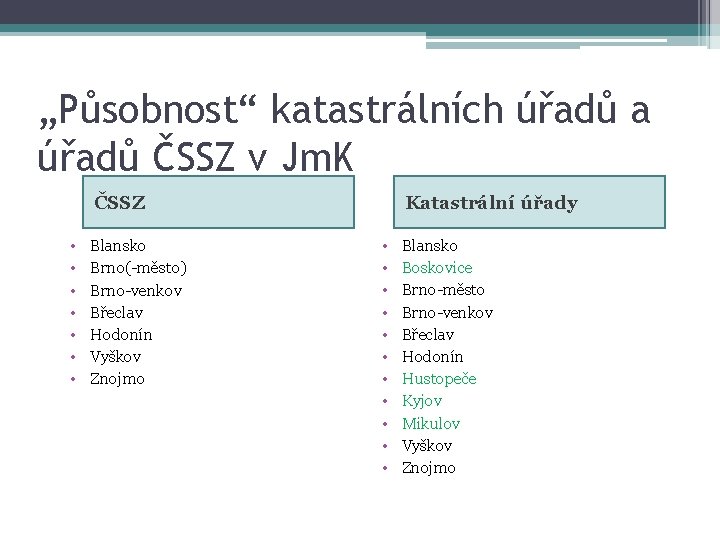 „Působnost“ katastrálních úřadů a úřadů ČSSZ v Jm. K ČSSZ • • Blansko Brno(-město)