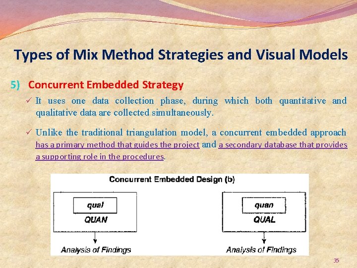 Types of Mix Method Strategies and Visual Models 5) Concurrent Embedded Strategy ü It