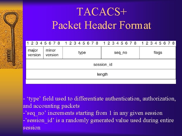 TACACS+ Packet Header Format - ‘type’ field used to differentiate authentication, authorization, and accounting