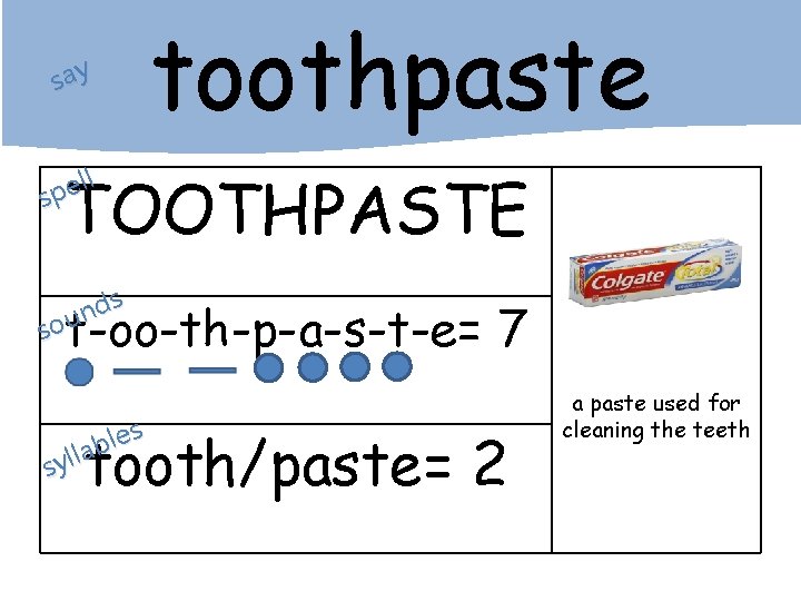 say toothpaste ll e p s TOOTHPASTE s d n sou t-oo-th-p-a-s-t-e= 7 s
