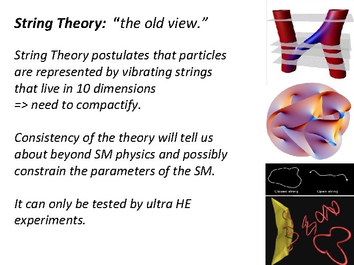String Theory: “the old view. ” String Theory postulates that particles are represented by