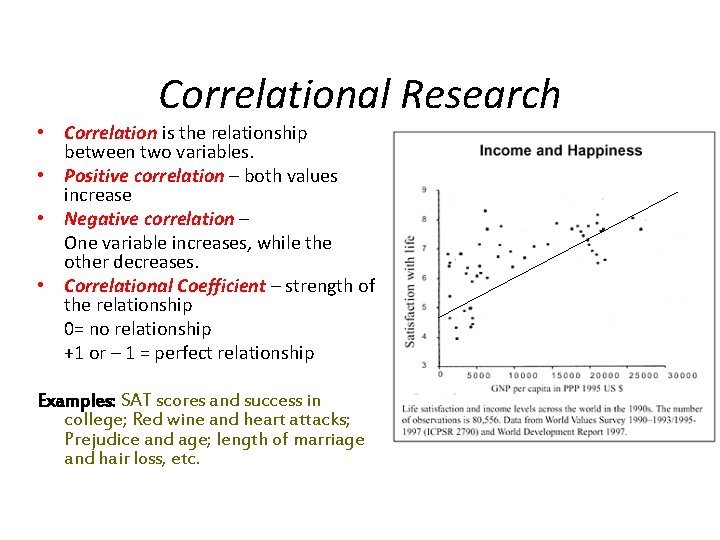 Correlational Research • Correlation is the relationship between two variables. • Positive correlation –