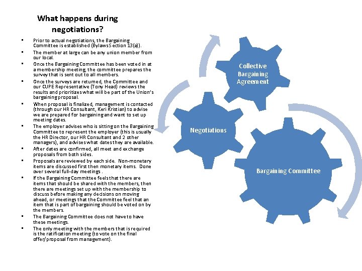 What happens during negotiations? • • • Prior to actual negotiations, the Bargaining Committee