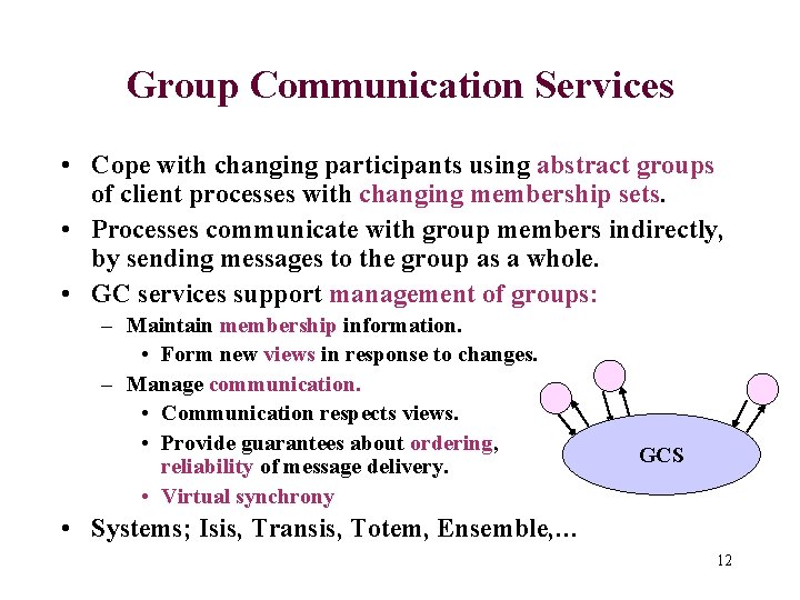 Group Communication Services • Cope with changing participants using abstract groups of client processes