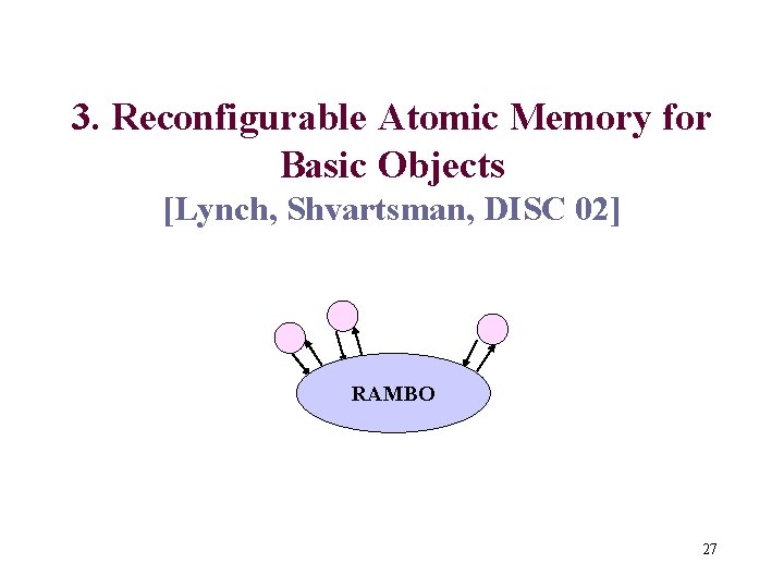 3. Reconfigurable Atomic Memory for Basic Objects [Lynch, Shvartsman, DISC 02] RAMBO 27 