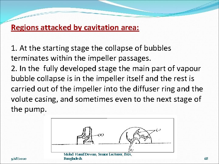 Regions attacked by cavitation area: 1. At the starting stage the collapse of bubbles