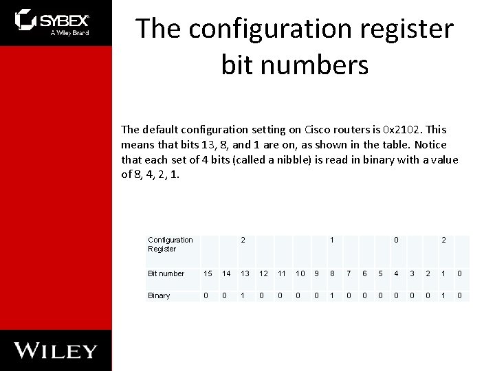 The configuration register bit numbers The default configuration setting on Cisco routers is 0