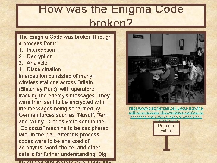 How was the Enigma Code broken? The Enigma Code was broken through a process