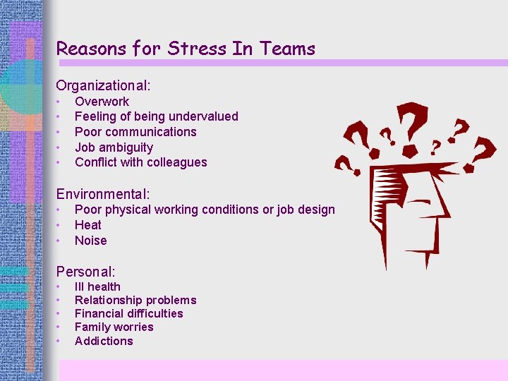 Reasons for Stress In Teams Organizational: • • • Overwork Feeling of being undervalued