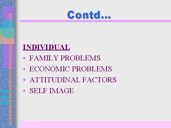 Contd… INDIVIDUAL • FAMILY PROBLEMS • ECONOMIC PROBLEMS • ATTITUDINAL FACTORS • SELF IMAGE