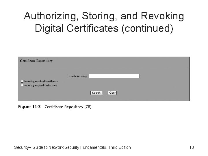 Authorizing, Storing, and Revoking Digital Certificates (continued) Security+ Guide to Network Security Fundamentals, Third