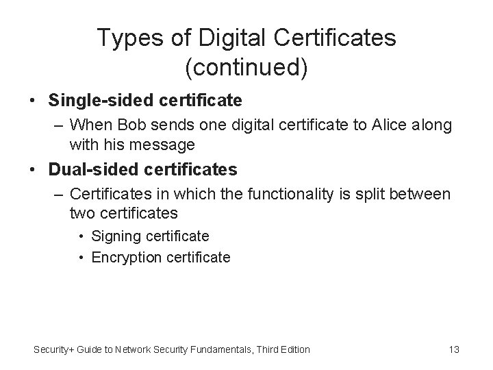 Types of Digital Certificates (continued) • Single-sided certificate – When Bob sends one digital