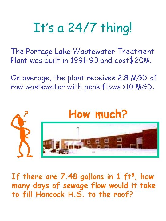 It’s a 24/7 thing! The Portage Lake Wastewater Treatment Plant was built in 1991 It’s a 24/7 thing! The Portage Lake Wastewater Treatment Plant was built in 1991
