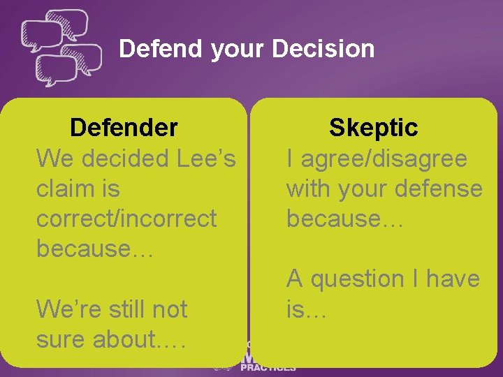 Defend your Decision Defender We decided Lee’s claim is correct/incorrect because… We’re still not