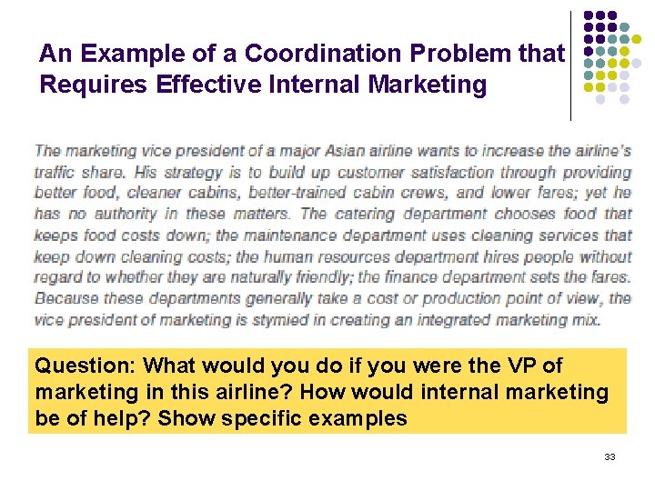 An Example of a Coordination Problem that Requires Effective Internal Marketing Question: What would