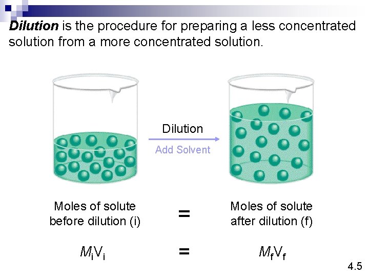 Dilution is the procedure for preparing a less concentrated solution from a more concentrated