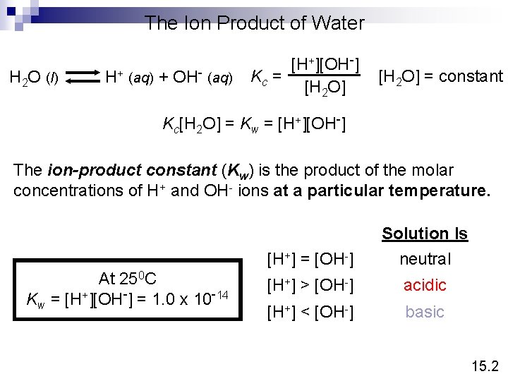 The Ion Product of Water H 2 O (l) H+ (aq) + OH- (aq)
