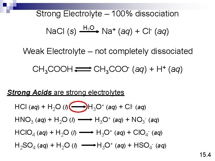 Strong Electrolyte – 100% dissociation Na. Cl (s) H 2 O Na+ (aq) +