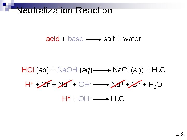 Neutralization Reaction acid + base HCl (aq) + Na. OH (aq) H+ + Cl-