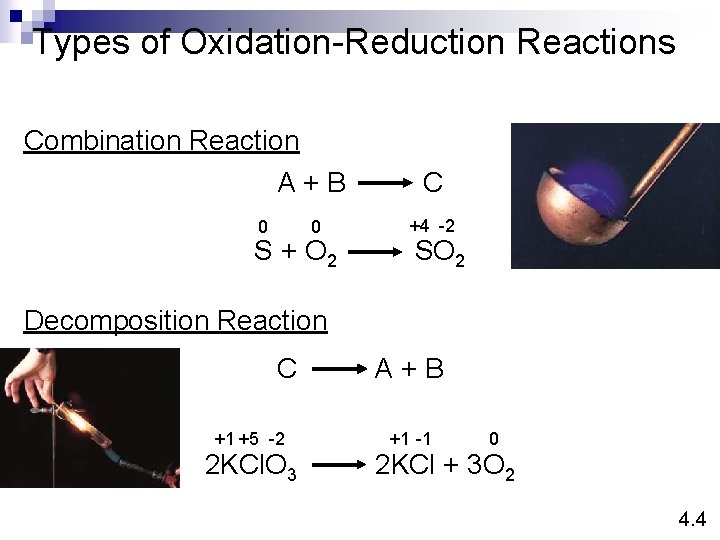 Types of Oxidation-Reduction Reactions Combination Reaction A+B C 0 +4 -2 0 S +