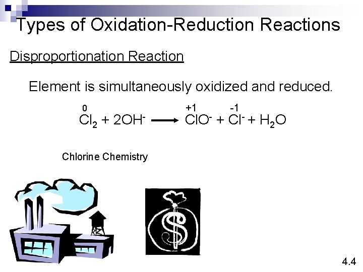 Types of Oxidation-Reduction Reactions Disproportionation Reaction Element is simultaneously oxidized and reduced. 0 Cl